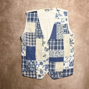 Vintage 90s Zero Sport Floral Patchwork Vest Sleeveless Blue White Crochet Knit